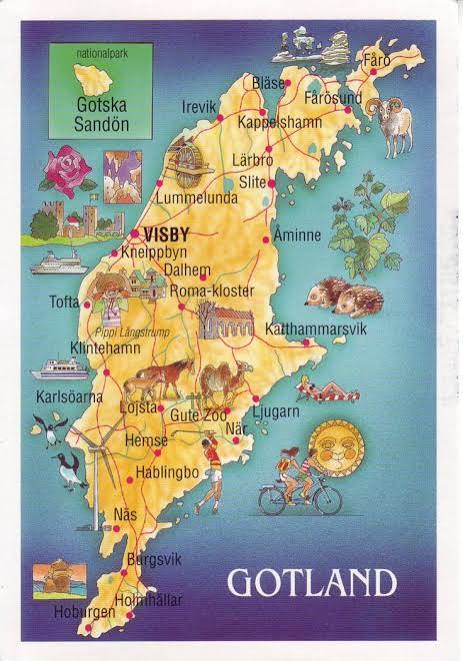 Illustrerad karta över Gotland med Visby, Fårö, Ljugarn och andra platser