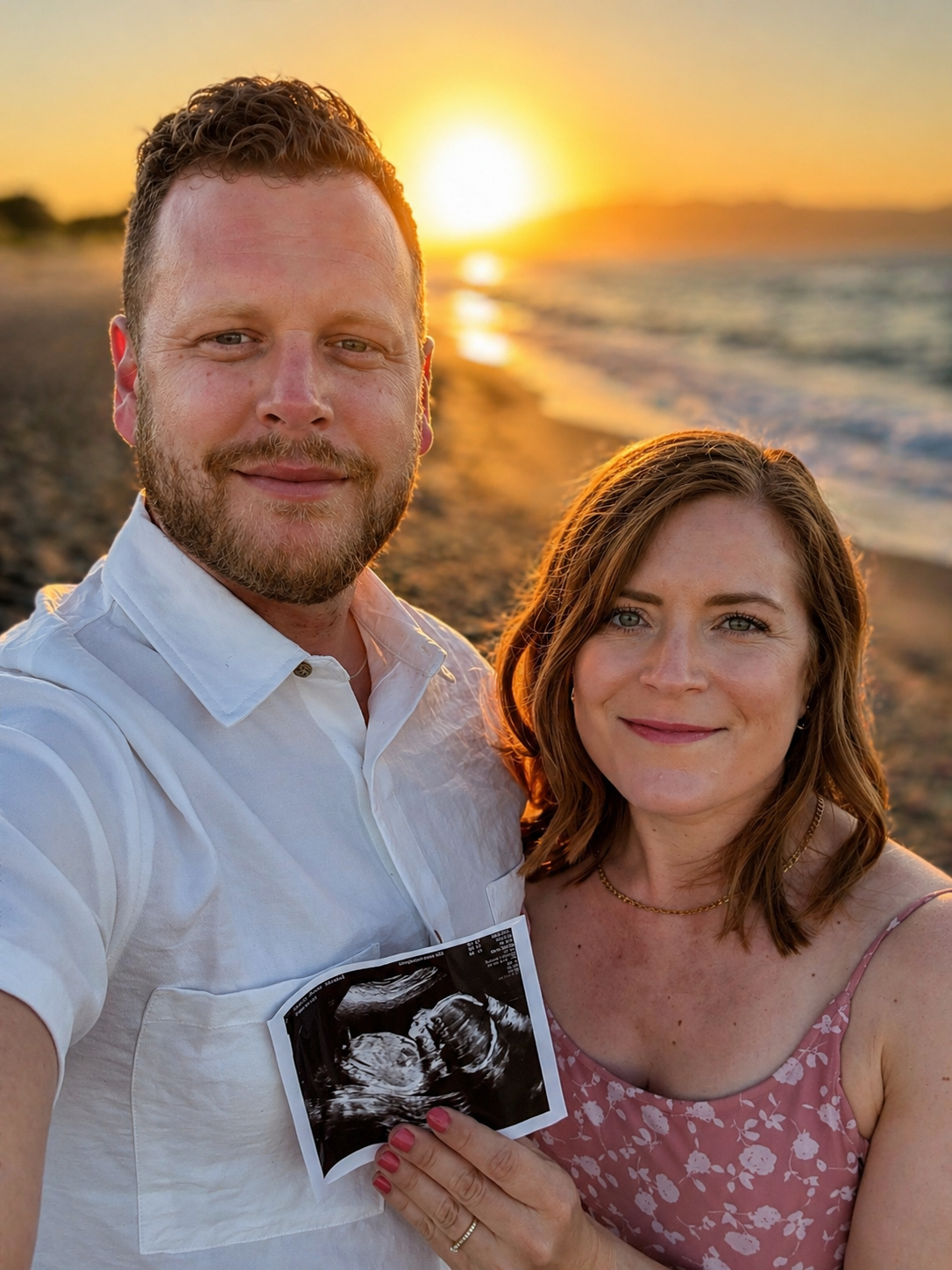 Amanda och Simon håller upp en ultraljudsbild vid havet i solnedgång